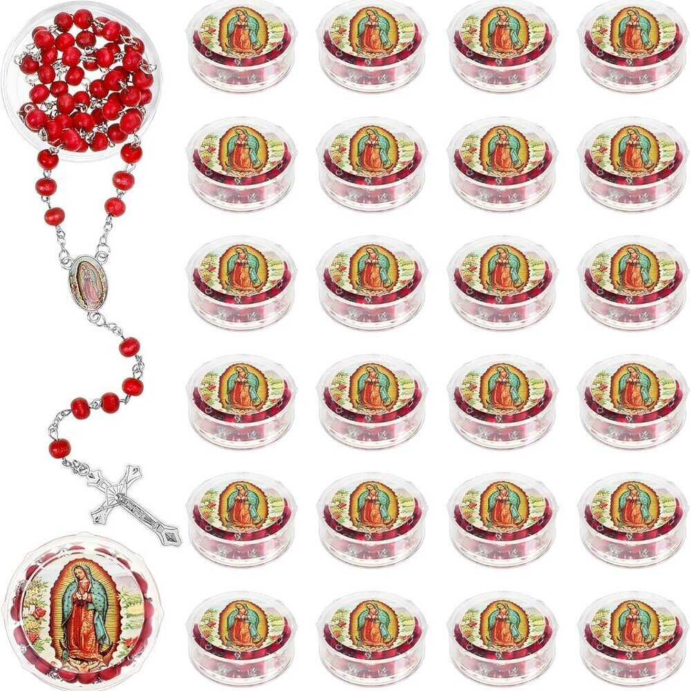 48 Pcs Catholic Rosary Beads Necklace Red Scented Virgin Guadalupe Gift Set